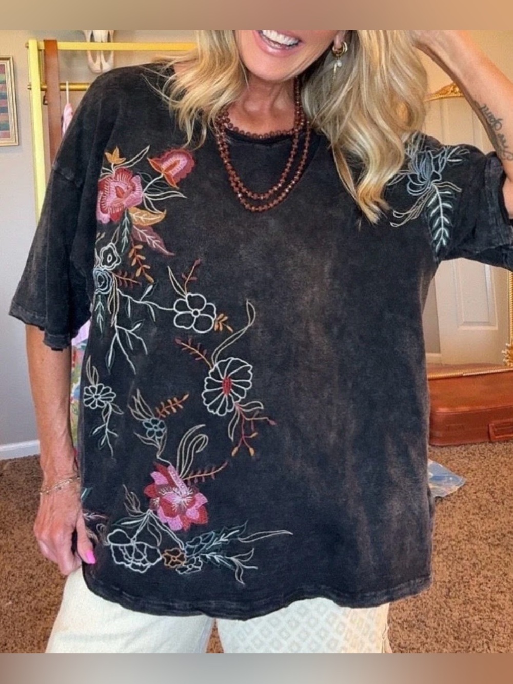 Blue Velvet Bloom Shadow embroidered mineral wash distressed tee